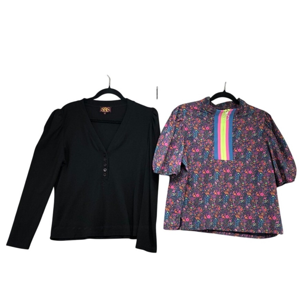 SSYS The Label Tops Womens Large Black Floral Puff Sleeve Bundle 2pc